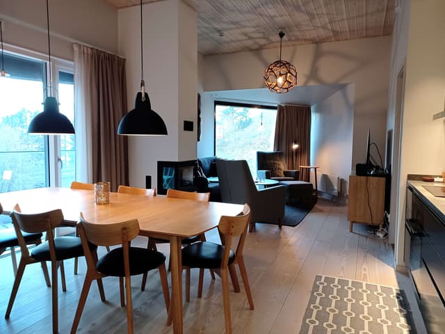 Modern lägenhet i Åre nära torget med öppen spis, privat bastu, balkong och nära till liftar.