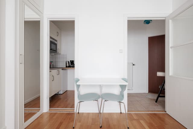 Interior of cozy Hornstull studio apartment near scenic waterfront paths