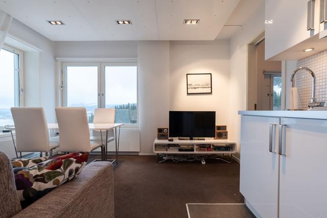 Living room with kitchenette and dining area, Åre apartment.