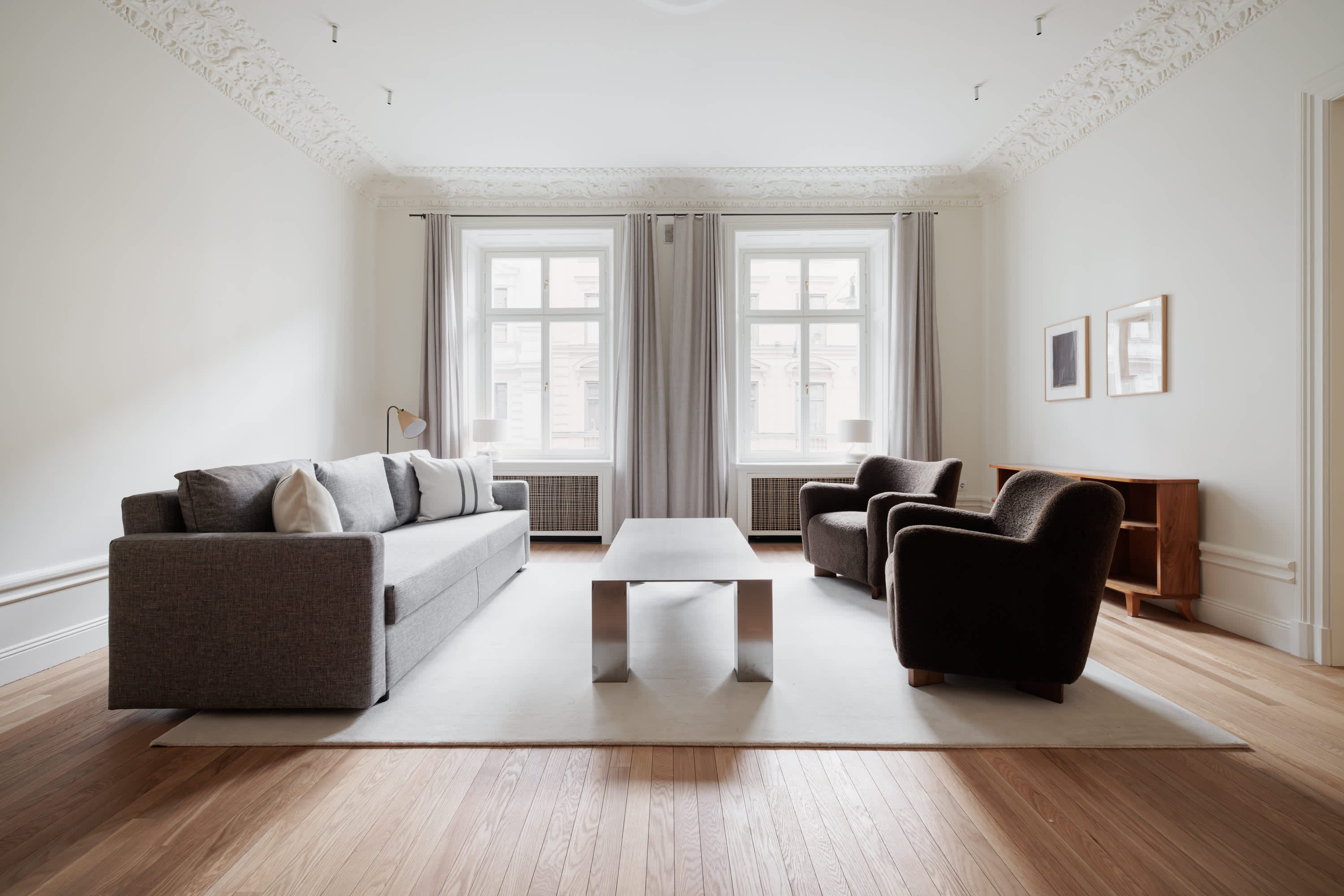Scandinavian-style apartment interior with private balcony in Östermalm, Stockholm